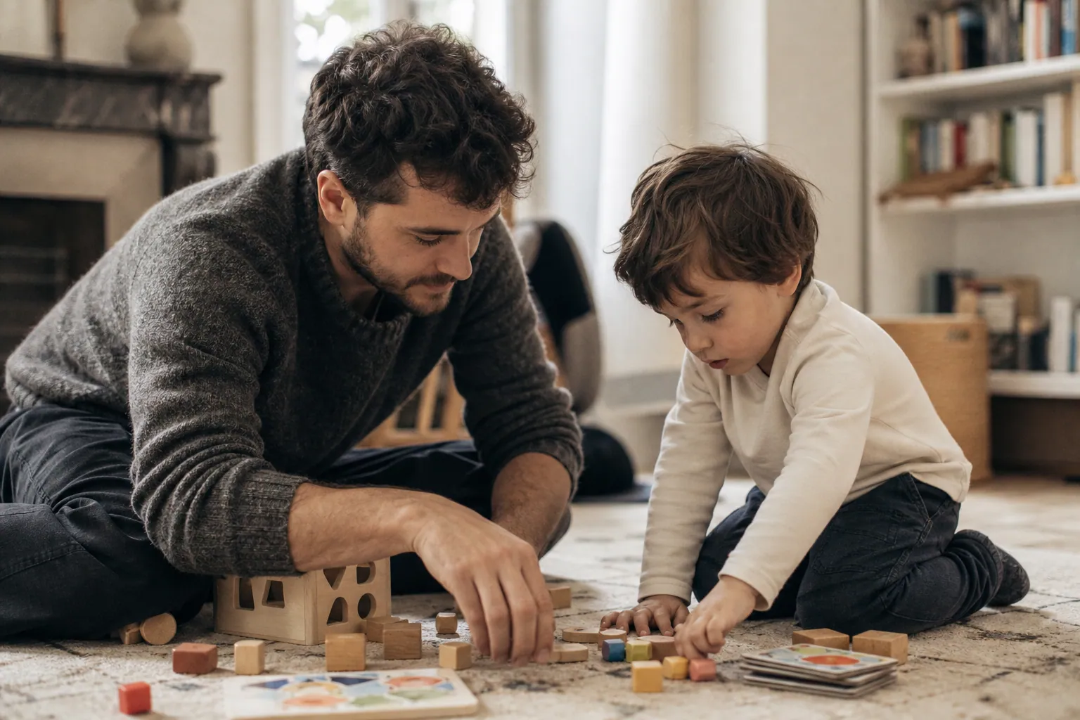 Parent et enfant jouant ensemble avec des jeux éducatifs dans un salon chaleureux.