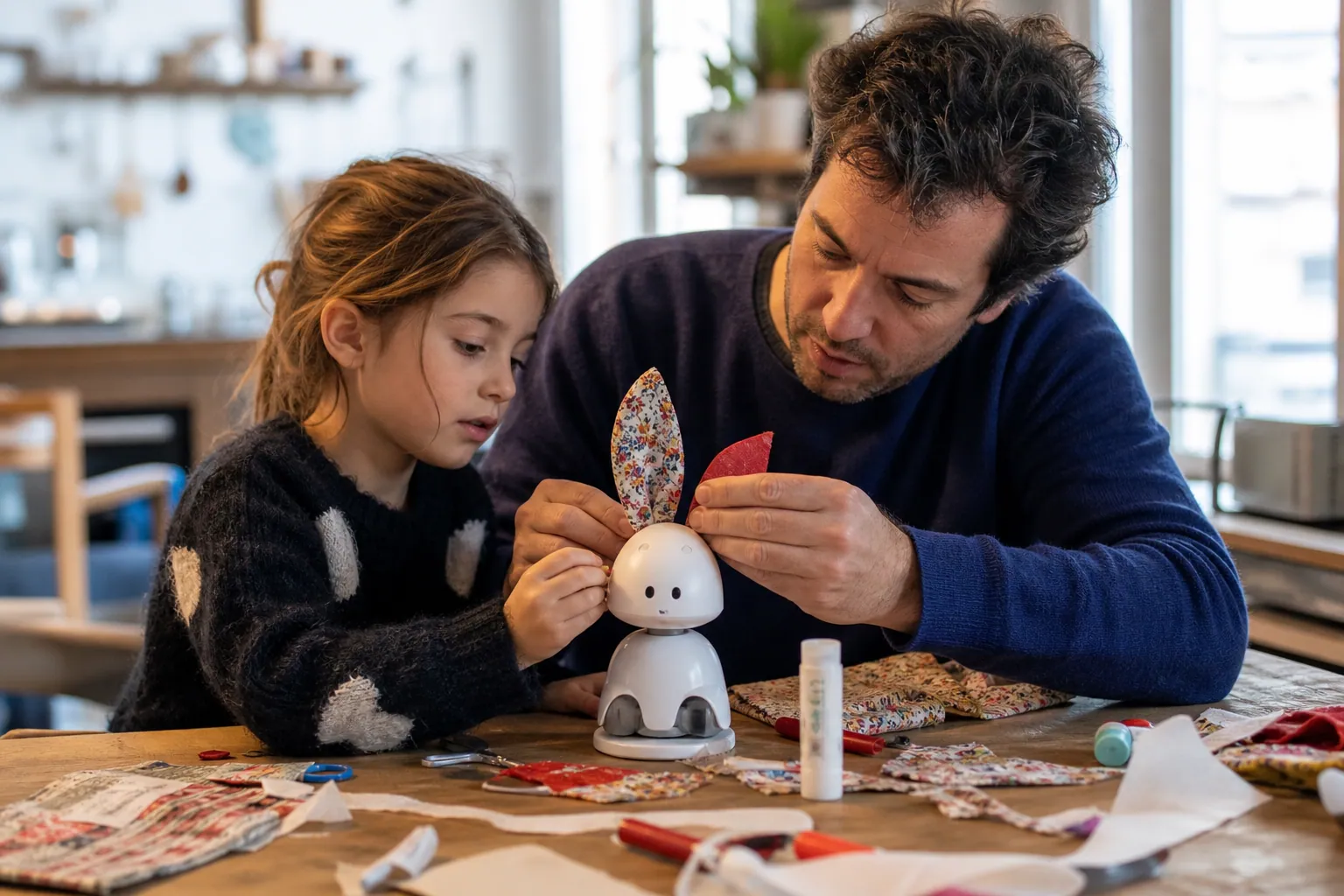 Parent et enfant personnalisant un robot lapin avec des oreilles en feutre.