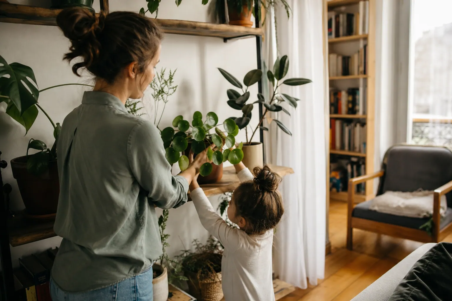 Salon familial lumineux avec plusieurs plantes d’intérieur décoratives