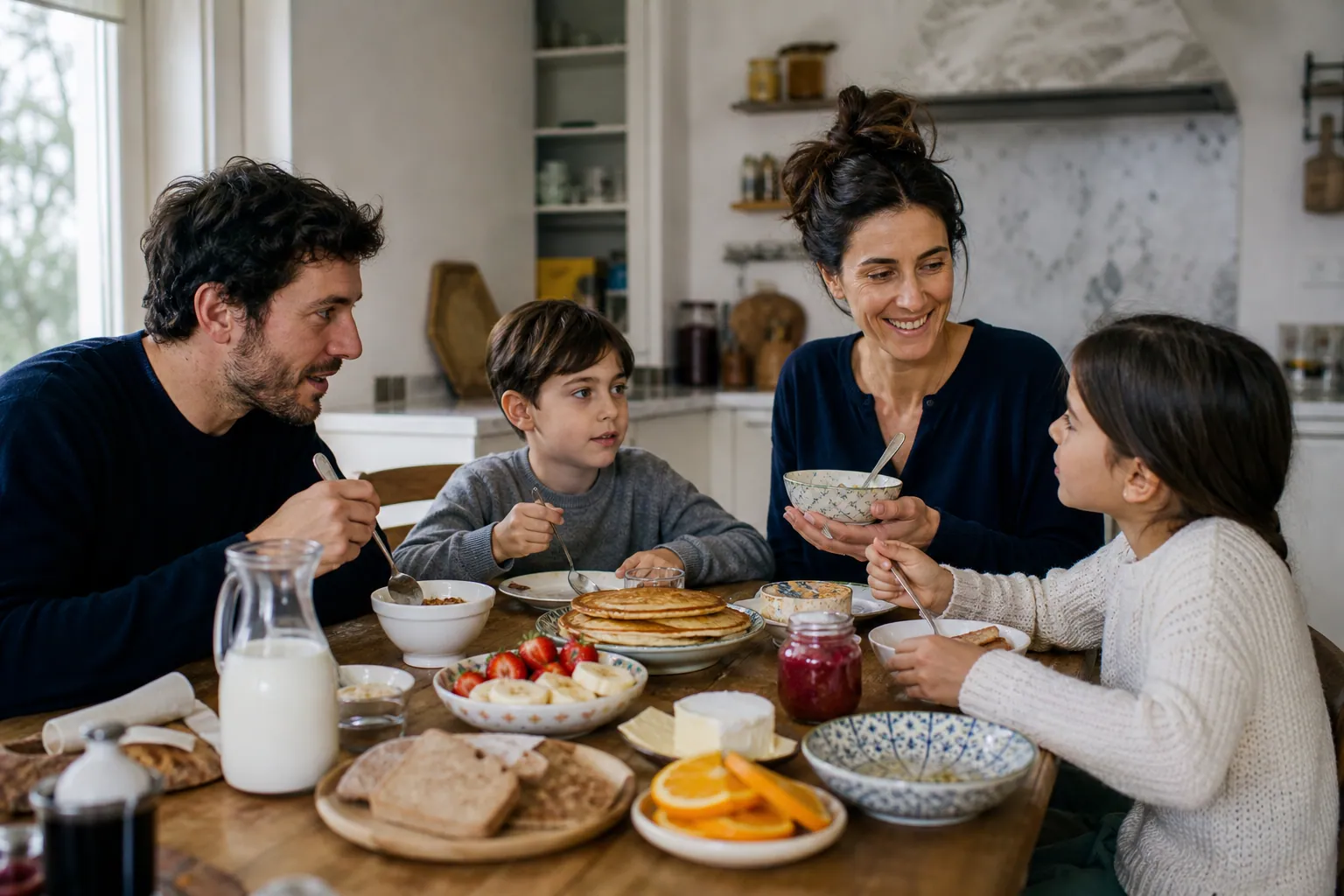 Famille française autour d’un petit-déjeuner équilibré et gourmand