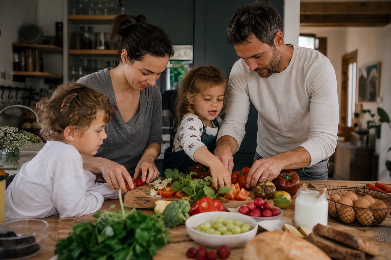 Famille française préparant un repas sain et coloré ensemble dans une cuisine lumineuse.