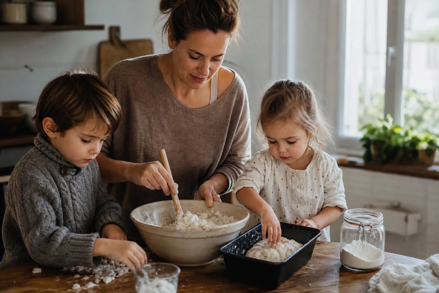 Parent et enfants préparant un pain maison sans gluten dans une cuisine chaleureuse.