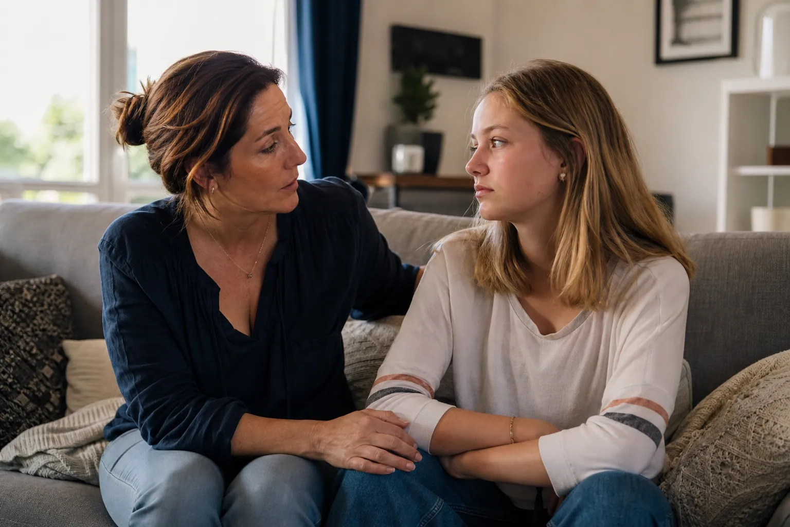 Parent rassurant son adolescent dans le salon, scène de conversation attentive