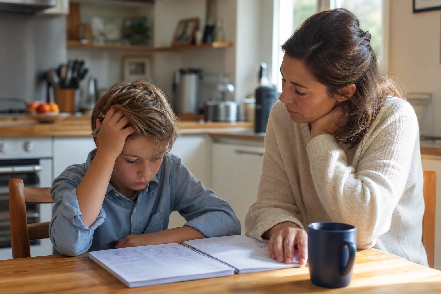 Parent aidant son enfant devant un cahier, dans une ambiance familiale rassurante.