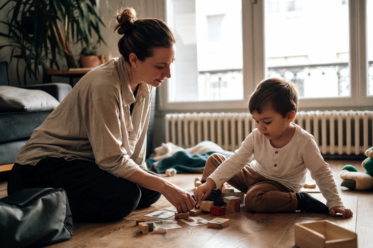 Parent attentif observant son jeune enfant qui joue, dans un salon lumineux.