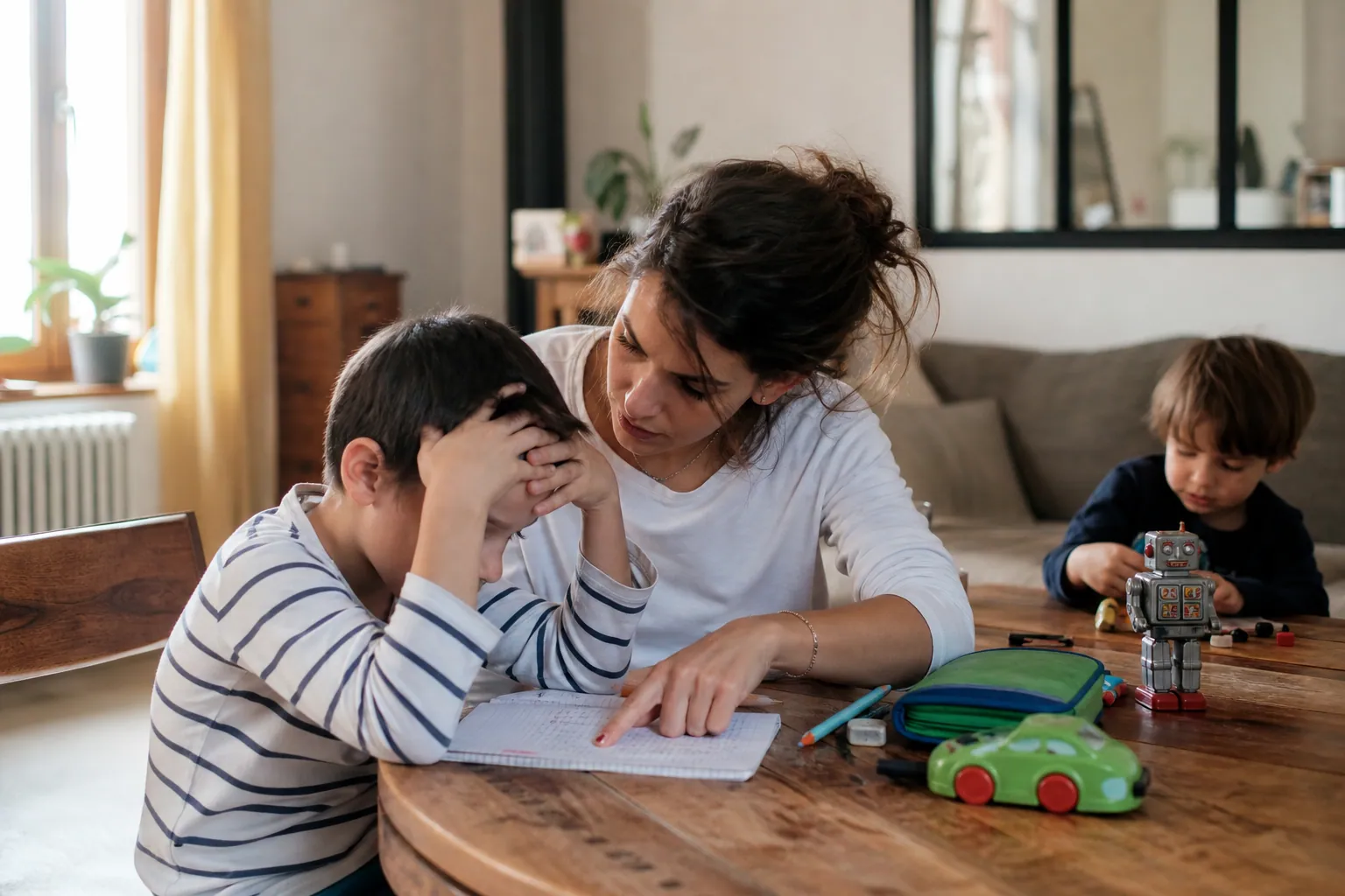 Parent aidant un enfant agité pendant les devoirs à la maison
