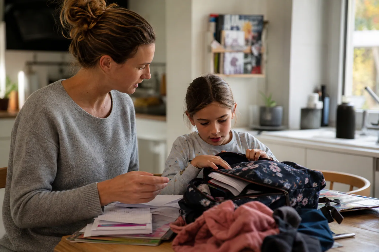 Parent aidant un enfant à s’organiser pour ses devoirs à la maison.