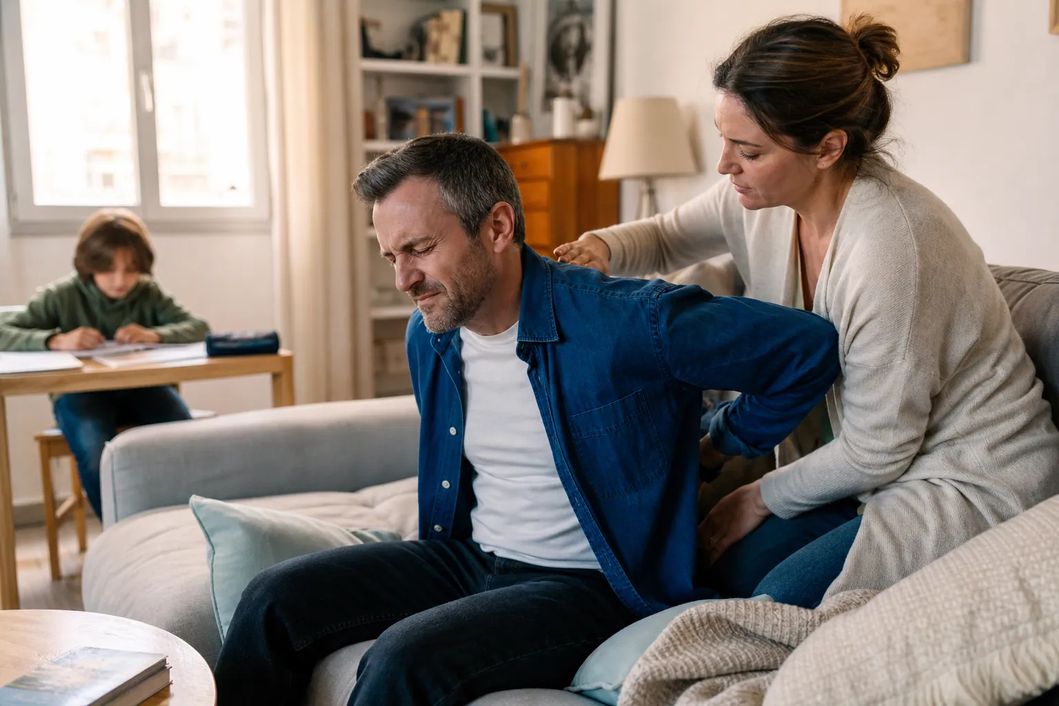 Parent souffrant du dos dans un salon, avec aide familiale et lumière naturelle douce.