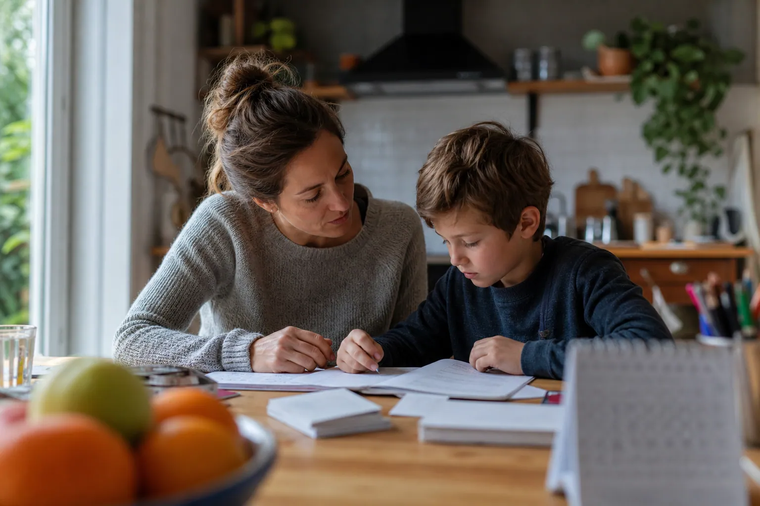 Parent aidant son enfant à organiser ses révisions autour d’une table.