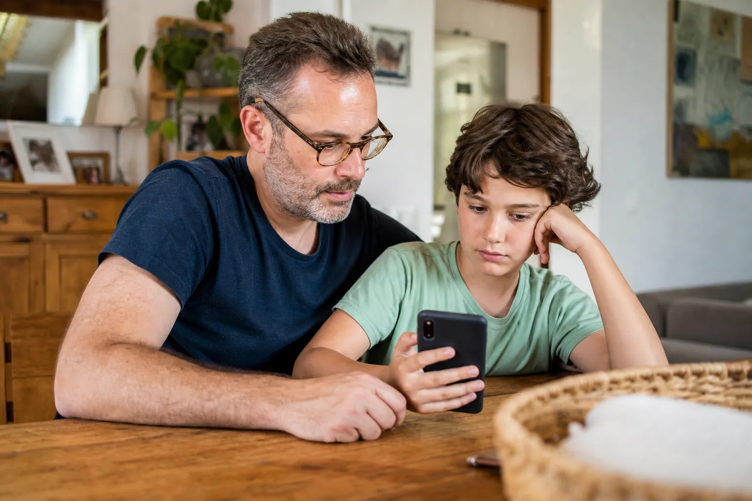 Parent français échangeant avec son préadolescent autour d’un smartphone