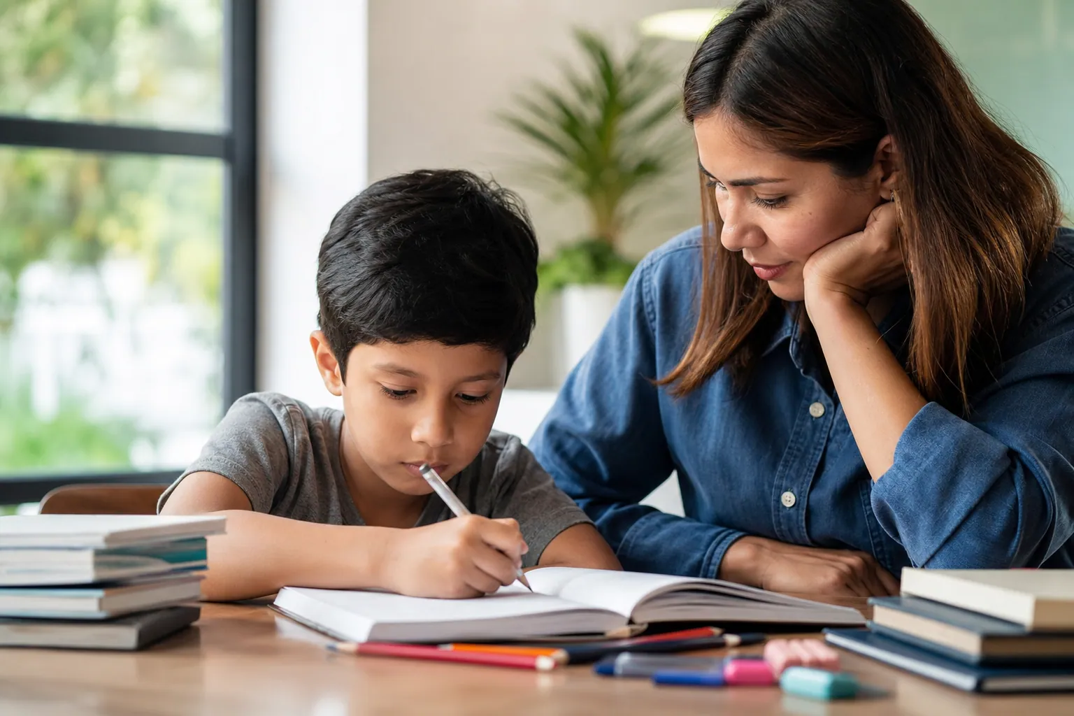 Parent et enfants regardant une série en anglais avec des notes sur le canapé