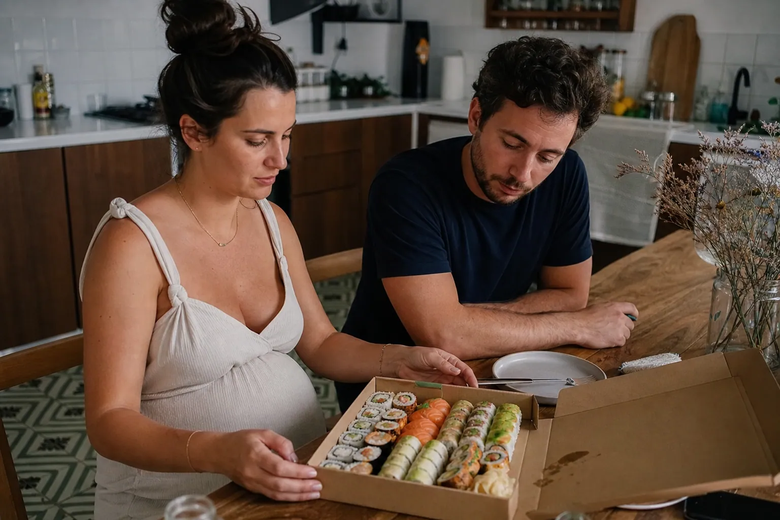 Femme enceinte hésitant devant un plateau de sushis à la maison