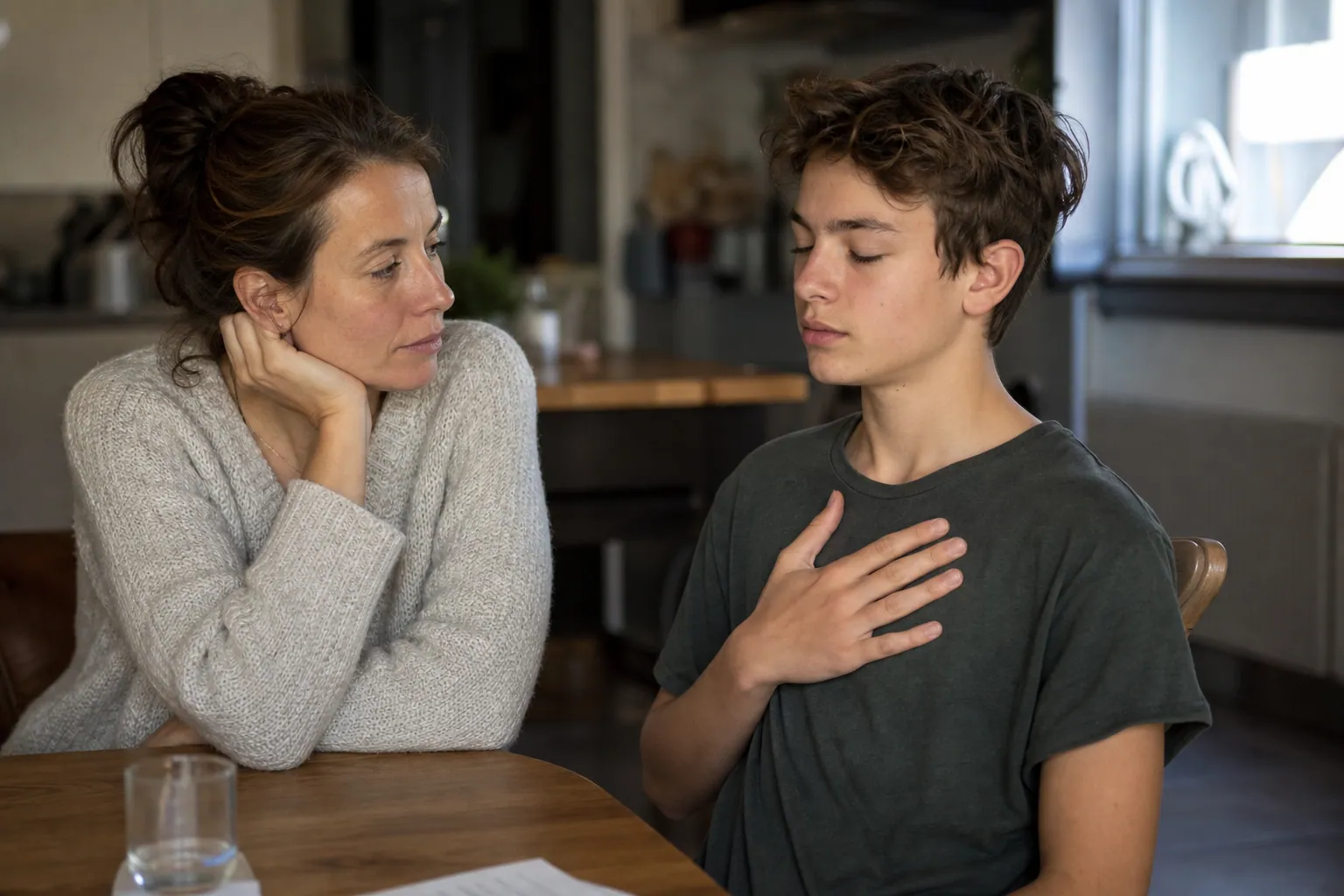 Adolescent français en méditation courte avant les devoirs, avec sa mère à côté.