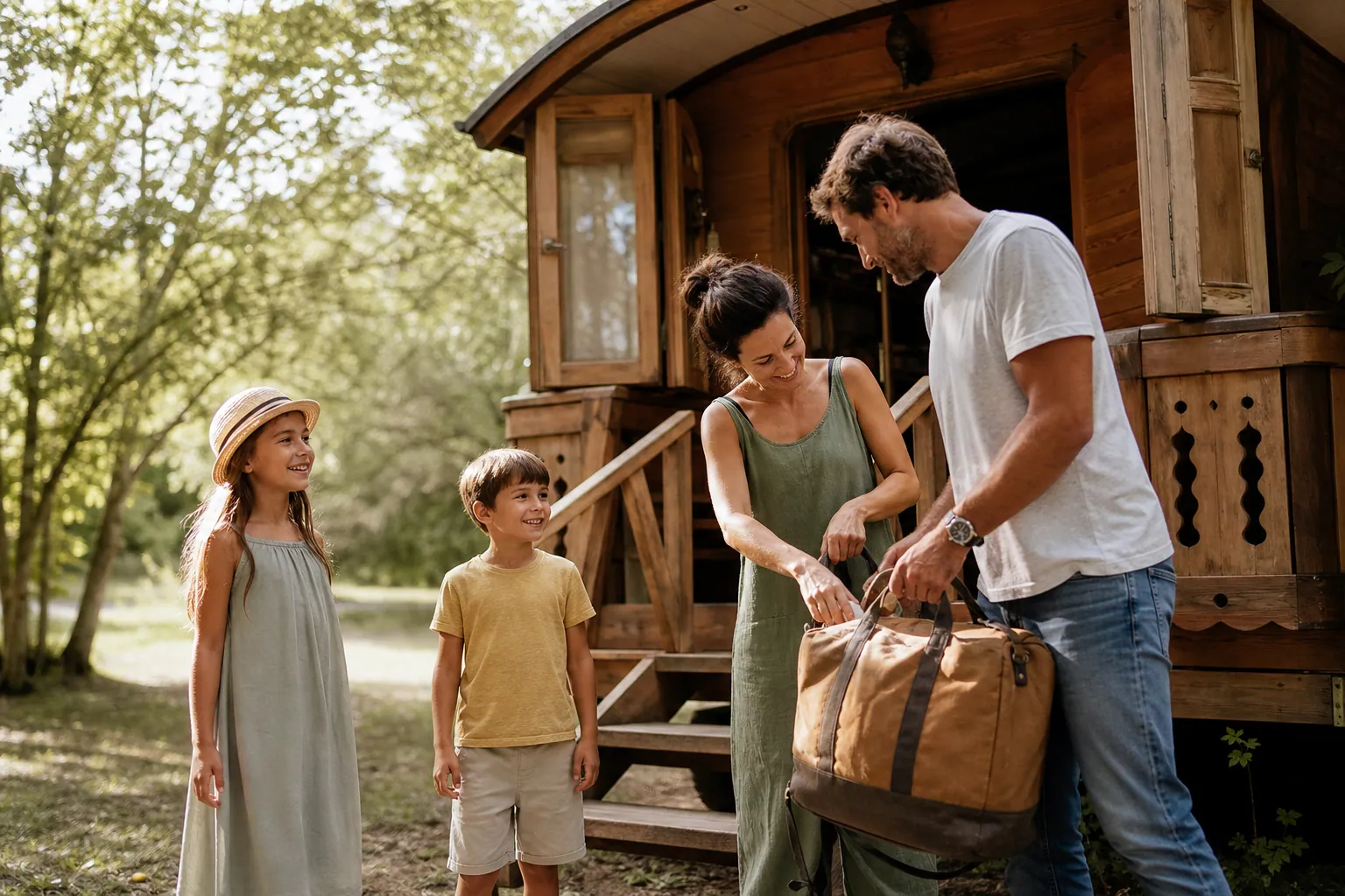 Famille préparant un séjour en roulotte dans la campagne, avec deux enfants heureux.