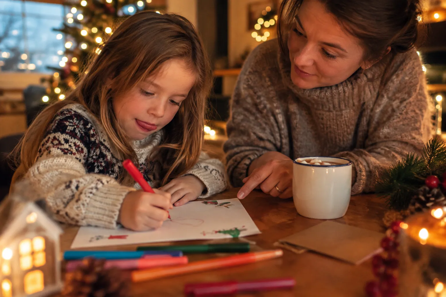 Un enfant écrit sa lettre au Père Noël au feutre à la table de la cuisine, aidé par un parent, près d'un chocolat chaud.