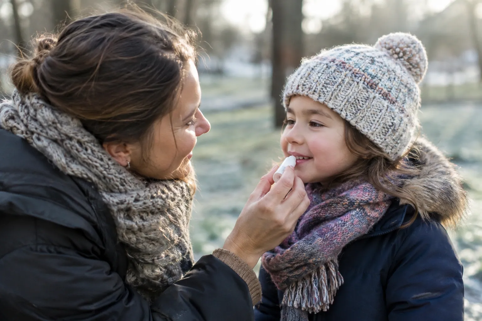 Un parent applique du baume sur les lèvres de son enfant emmitouflé dans un bonnet et une écharpe, en hiver.