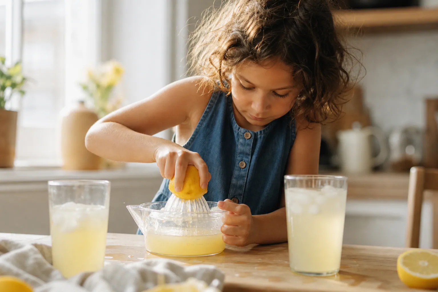 Un enfant presse un citron dans une cuisine ensoleillée pour préparer une limonade maison.