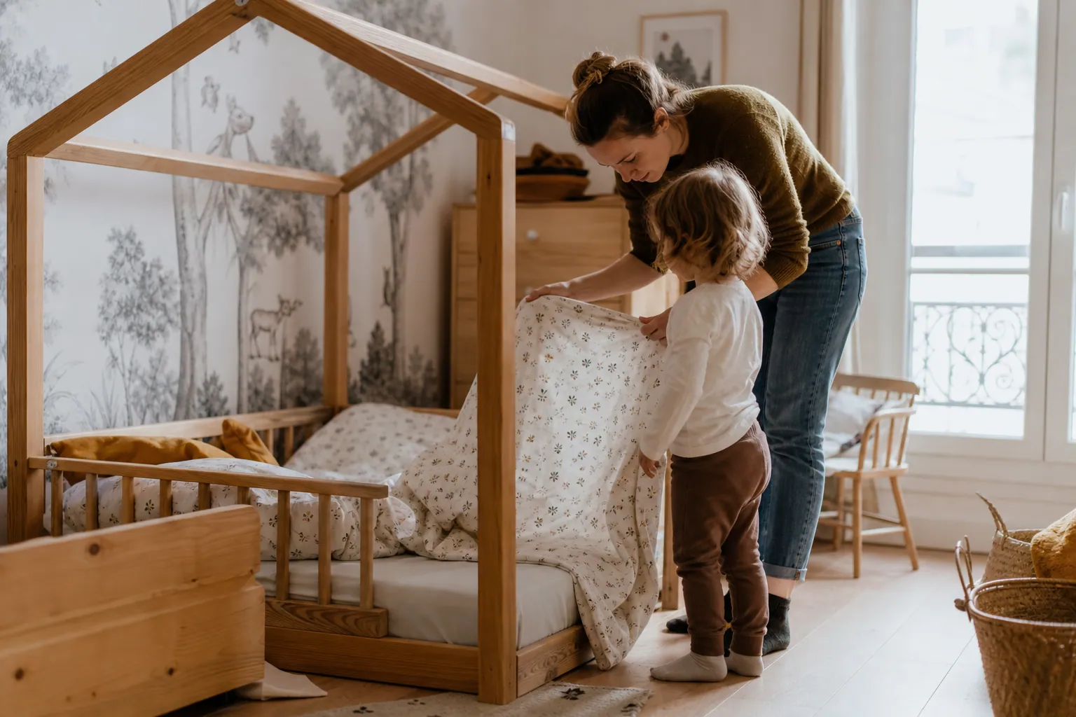 Parent et enfant devant un lit cabane Montessori en bois dans une chambre chaleureuse