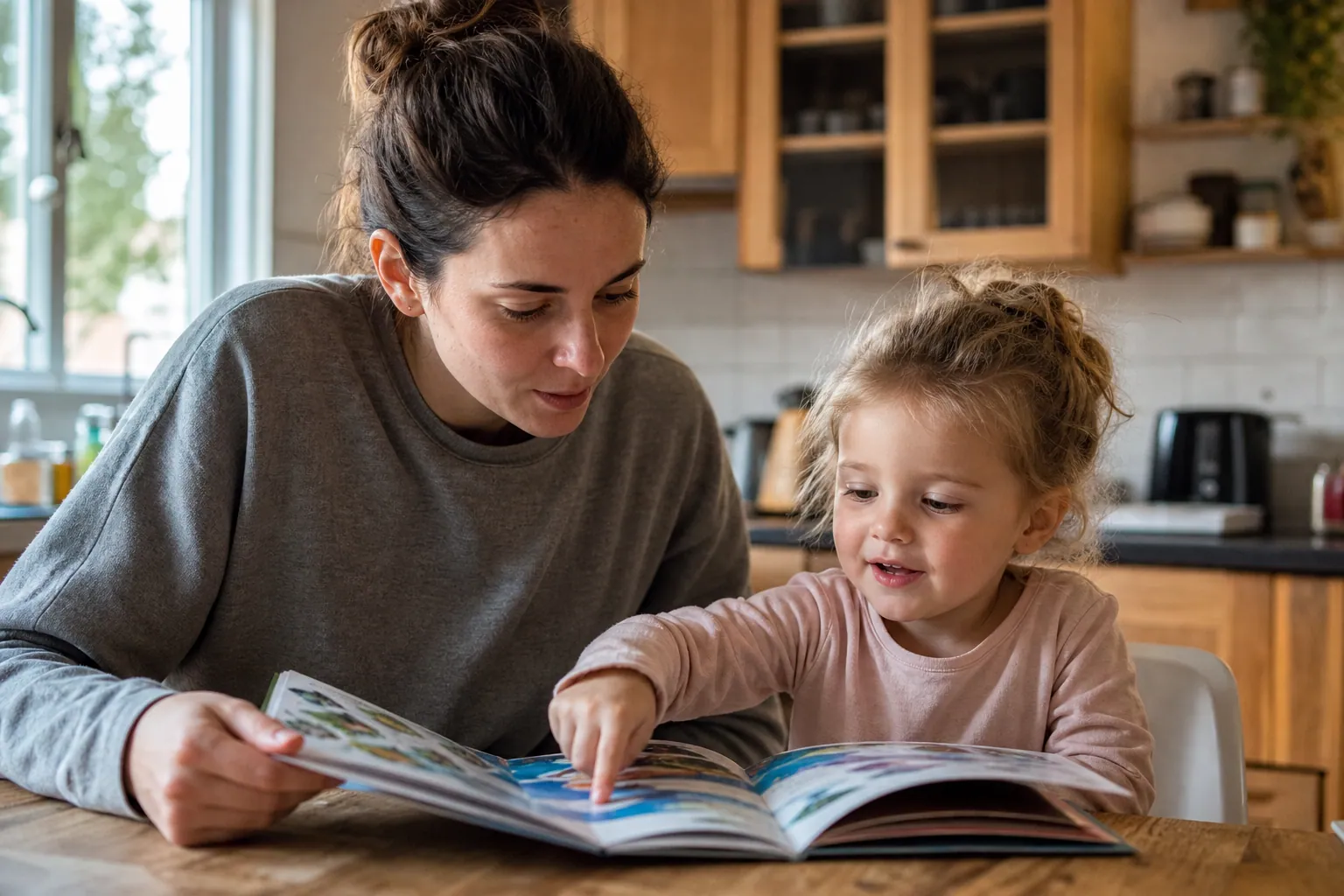 Parent et enfant lisant ensemble un livre pédagogique à la maison