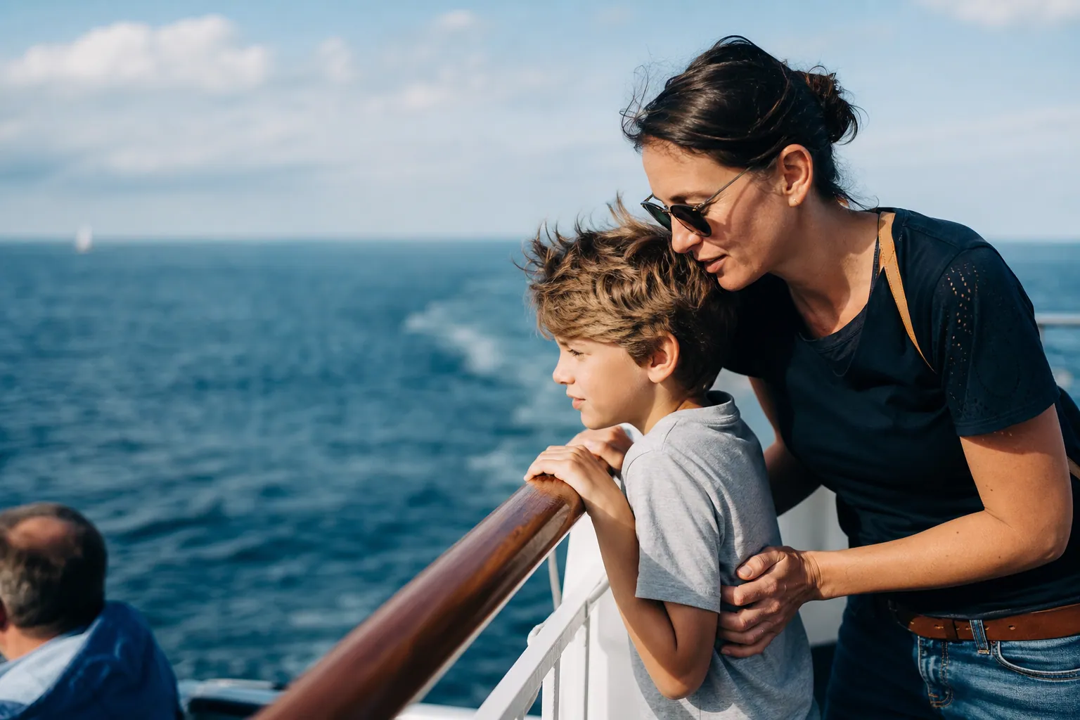 Enfant regardant l'horizon depuis le pont d'un bateau en famille pendant une traversée en mer.