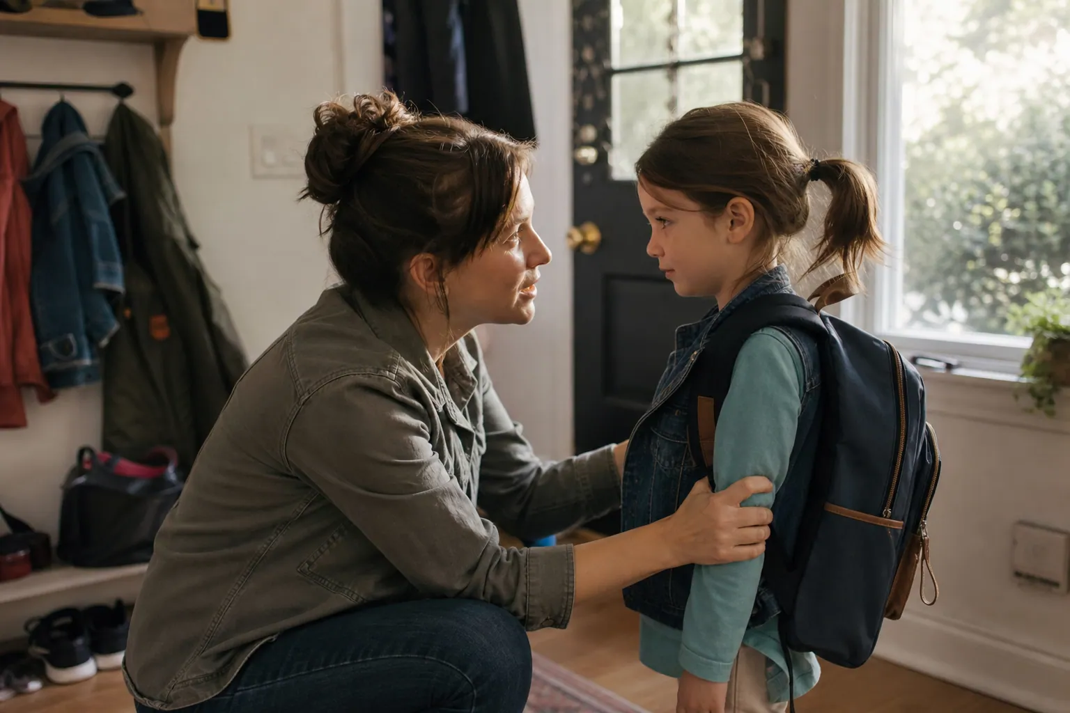 Un parent rassure calmement son enfant, sac à dos sur le dos, avant de partir à l'école le matin.