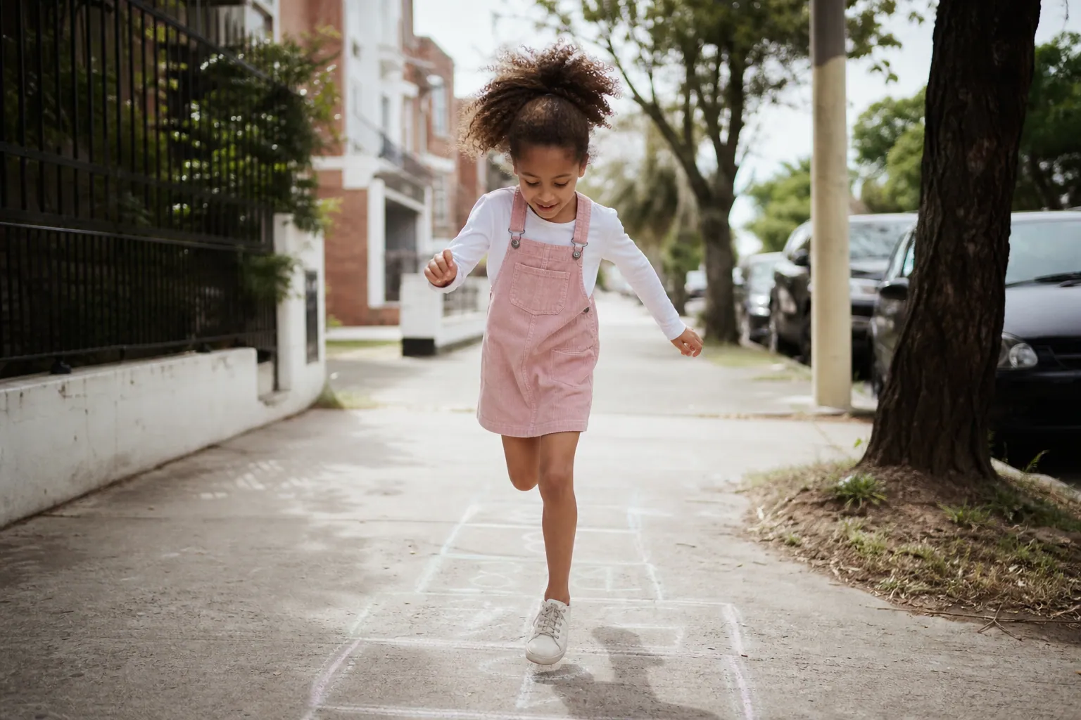 Un enfant saute à cloche-pied sur une marelle tracée à la craie sur le trottoir.