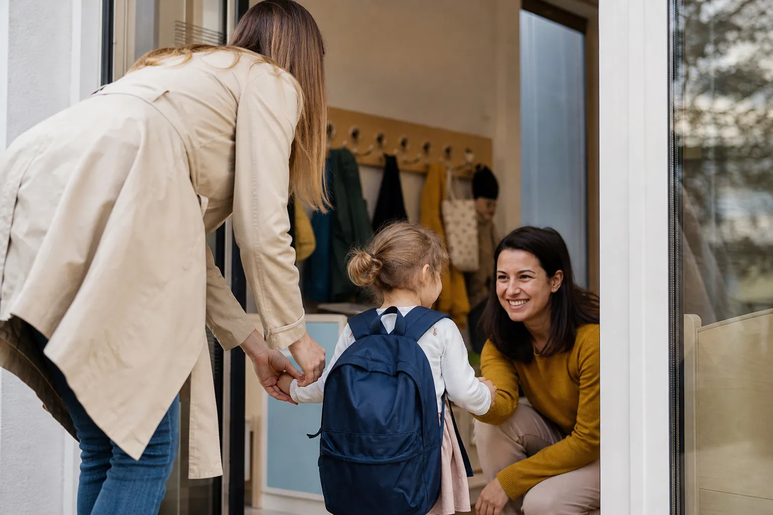 Enfant et parent à l’entrée d’une maternelle bilingue, ambiance chaleureuse et réelle.