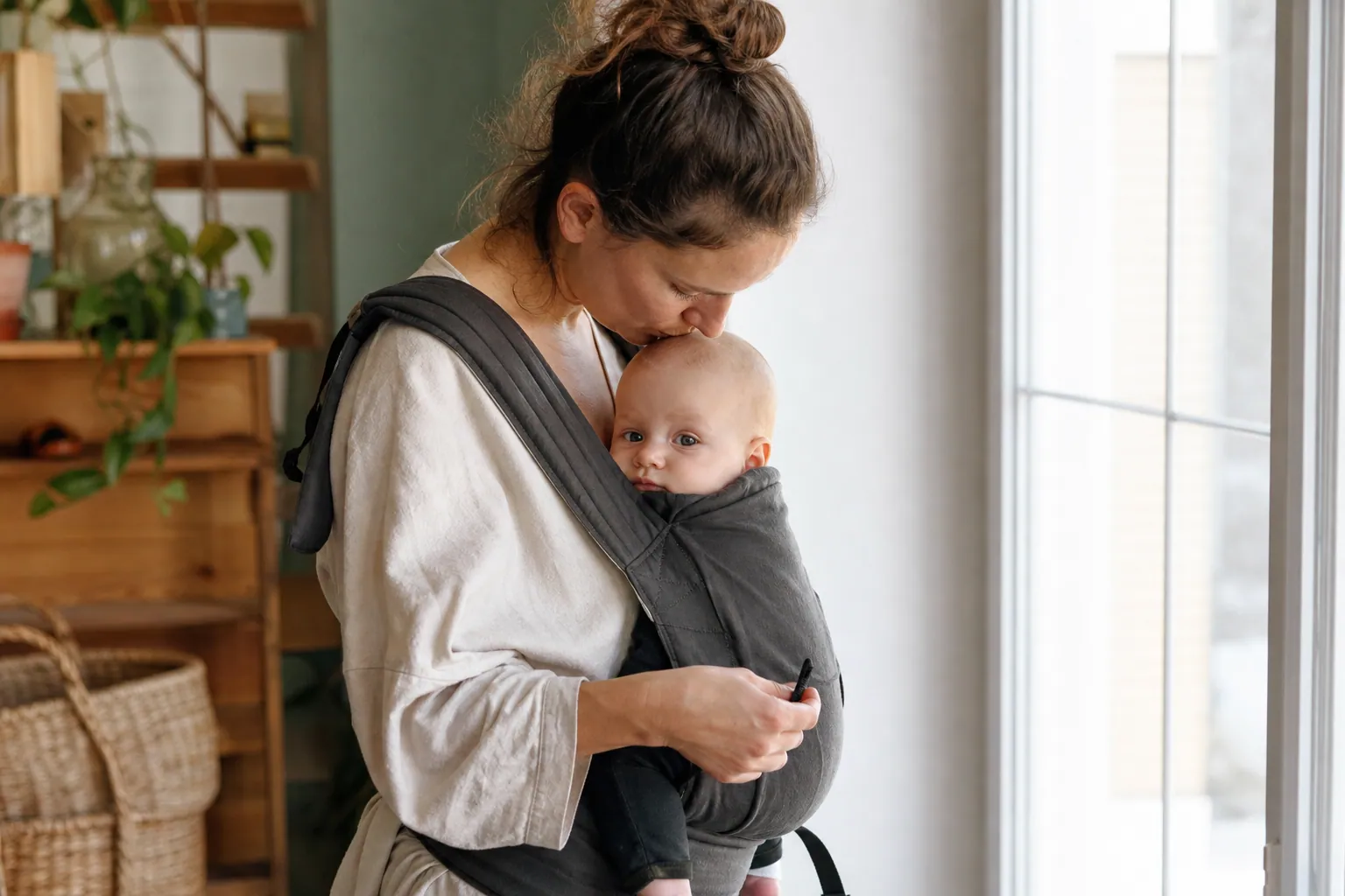 Parent français portant son bébé dans un Mei Tai, en intérieur lumineux et chaleureux.