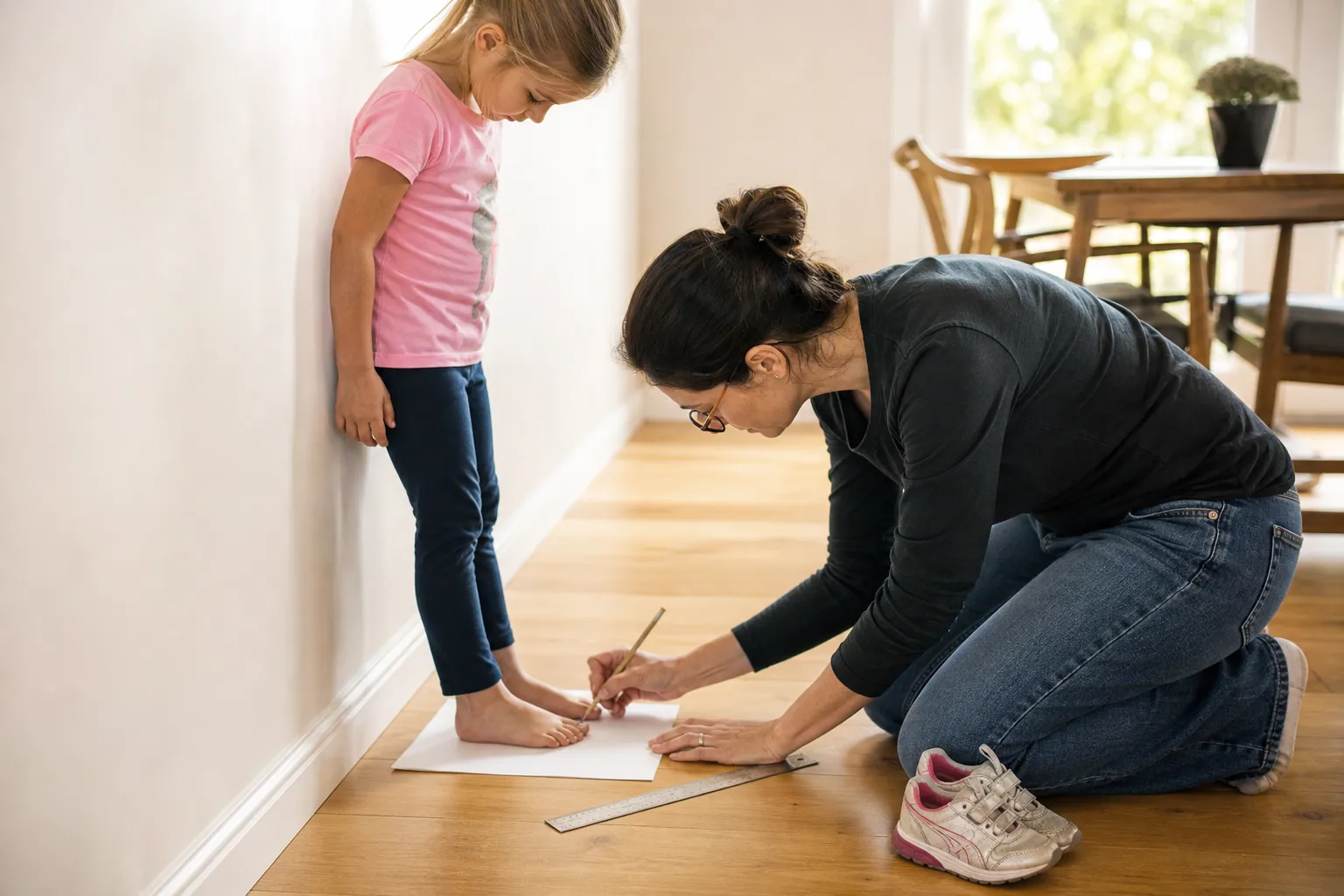 Un enfant pieds nus debout sur une feuille contre un mur, pendant qu'un parent marque la longueur de son pied au crayon.