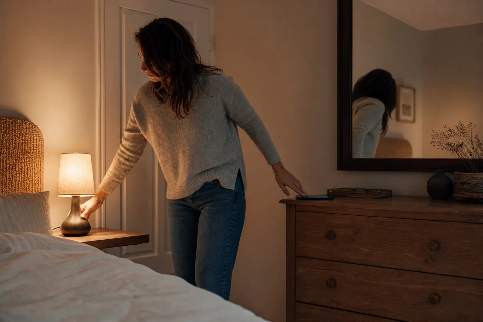 Un parent français éteint la lampe avant le coucher dans une chambre calme et chaleureuse.