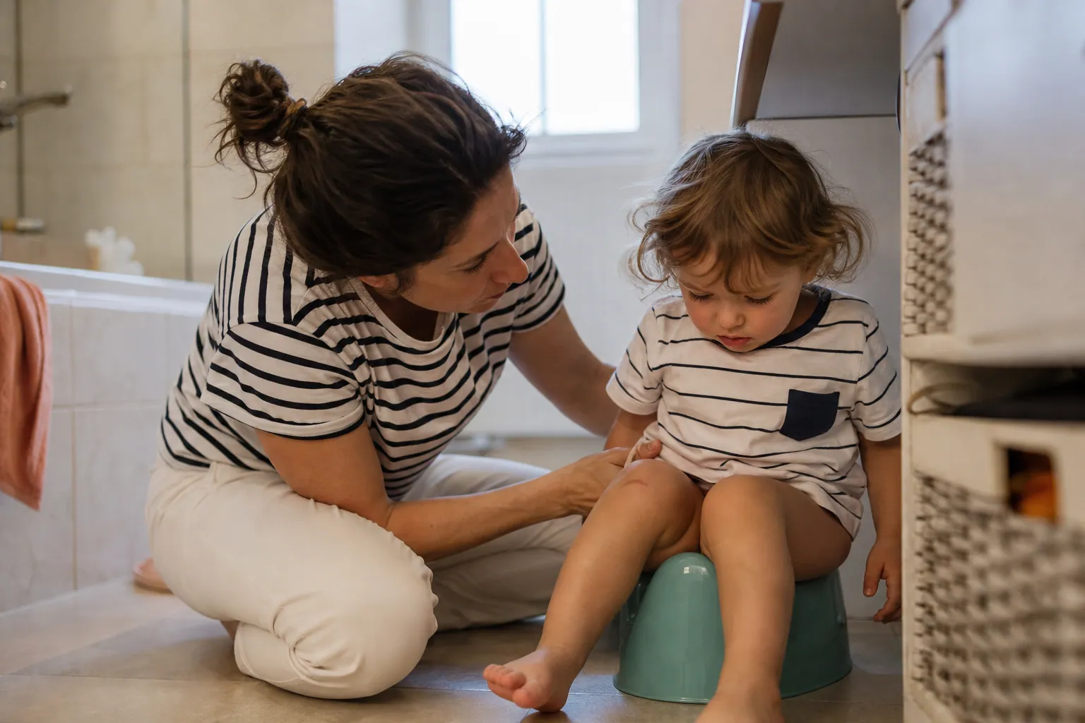 Parent français aidant doucement un jeune enfant assis sur un pot dans une salle de bain chaleureuse.