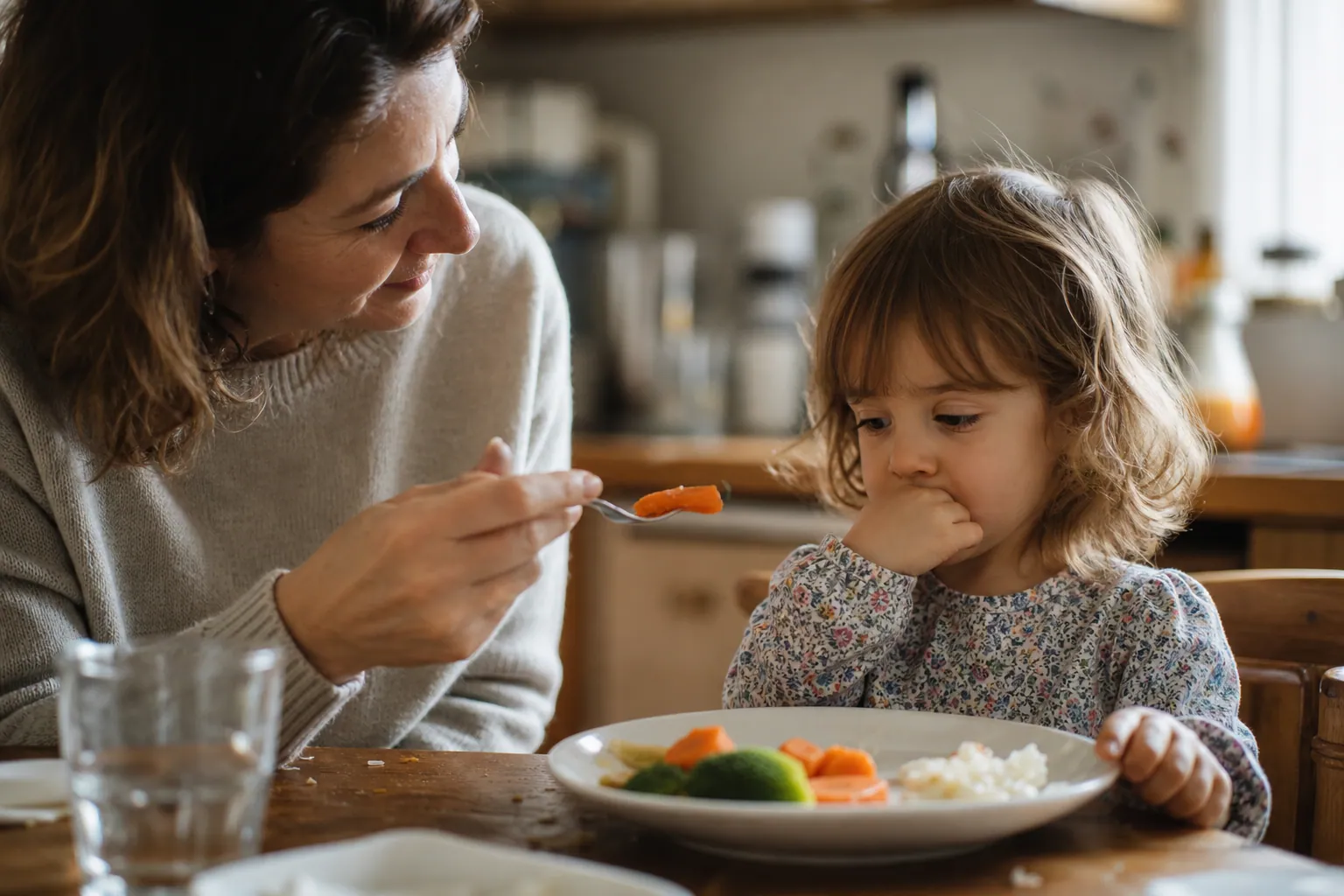 Un parent français propose des légumes à son enfant autour d’une table familiale chaleureuse.