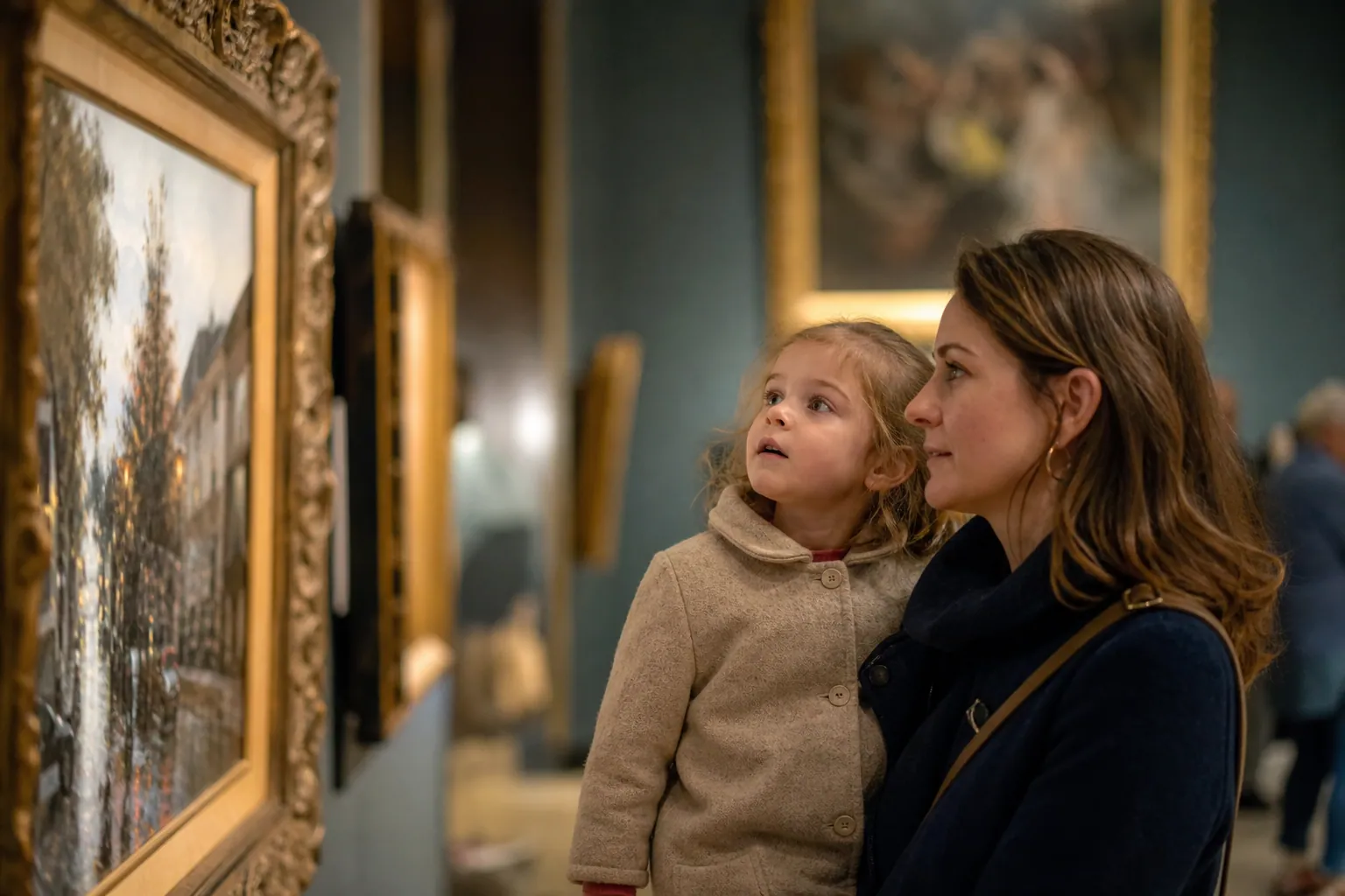 Un parent et son enfant regardent une œuvre dans un musée, en toute complicité.