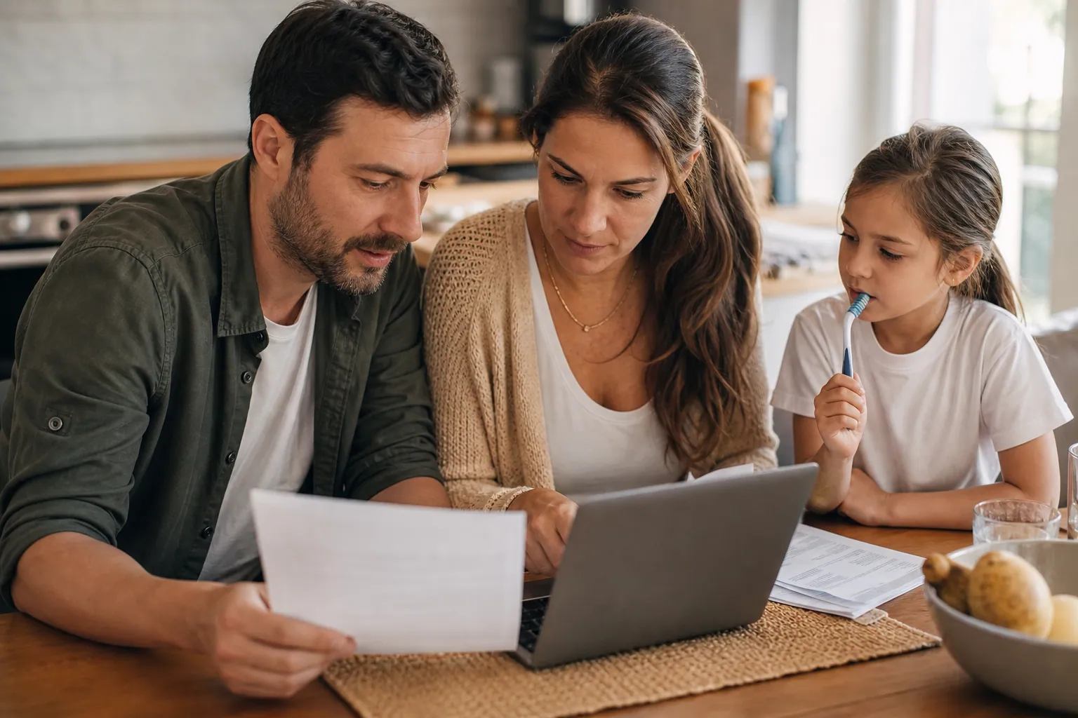 Parents français comparant une mutuelle familiale avec leur enfant à côté