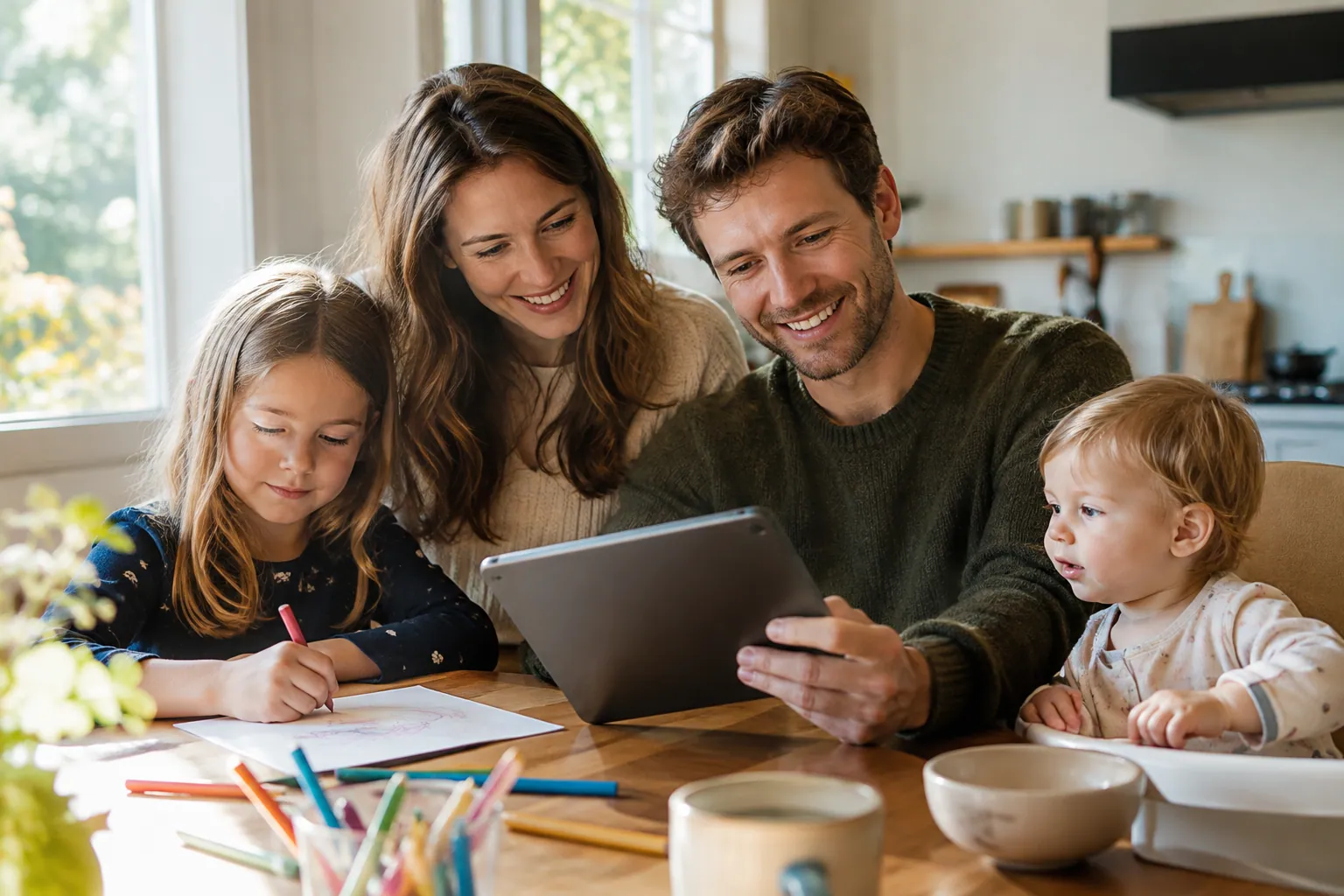 Parents et enfants réunis à table, en train de regarder ensemble une tablette.