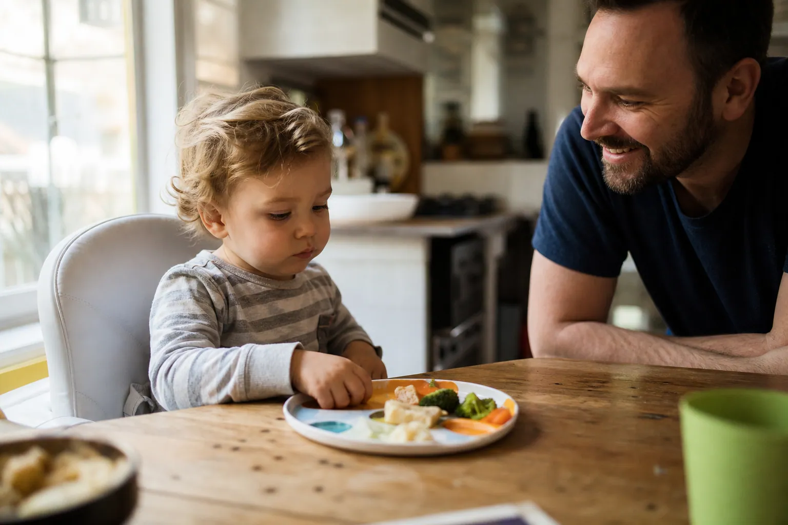 Un jeune enfant observe avec curiosité un nouvel aliment dans son assiette à table
