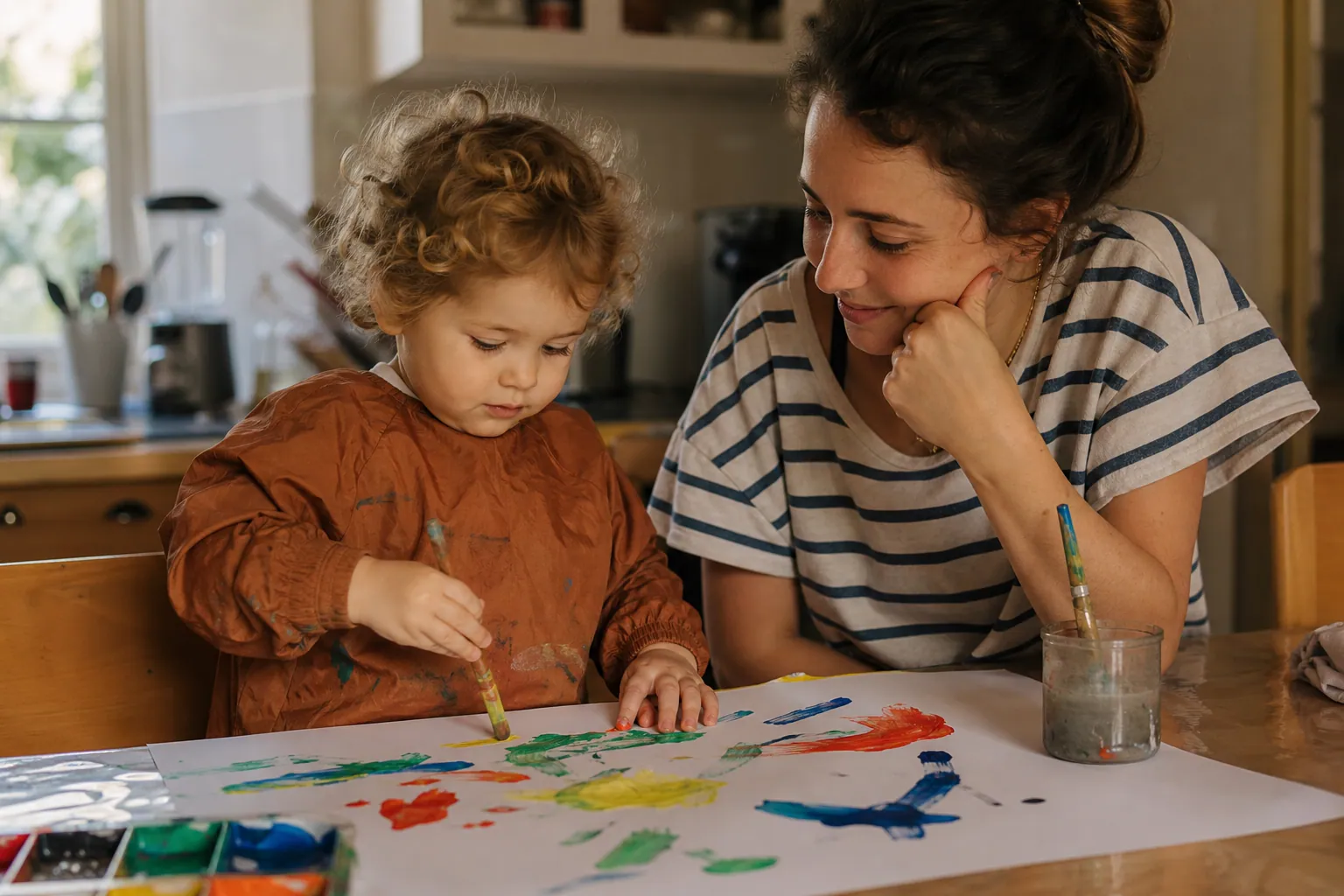 Parent et enfant peignant ensemble à la maison, avec peinture et grande feuille protégée