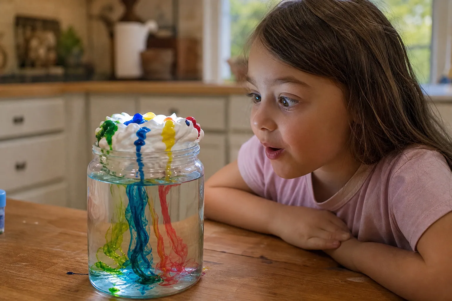 Un enfant observe des gouttes d'eau colorée tomber à travers un nuage de mousse dans un bocal.