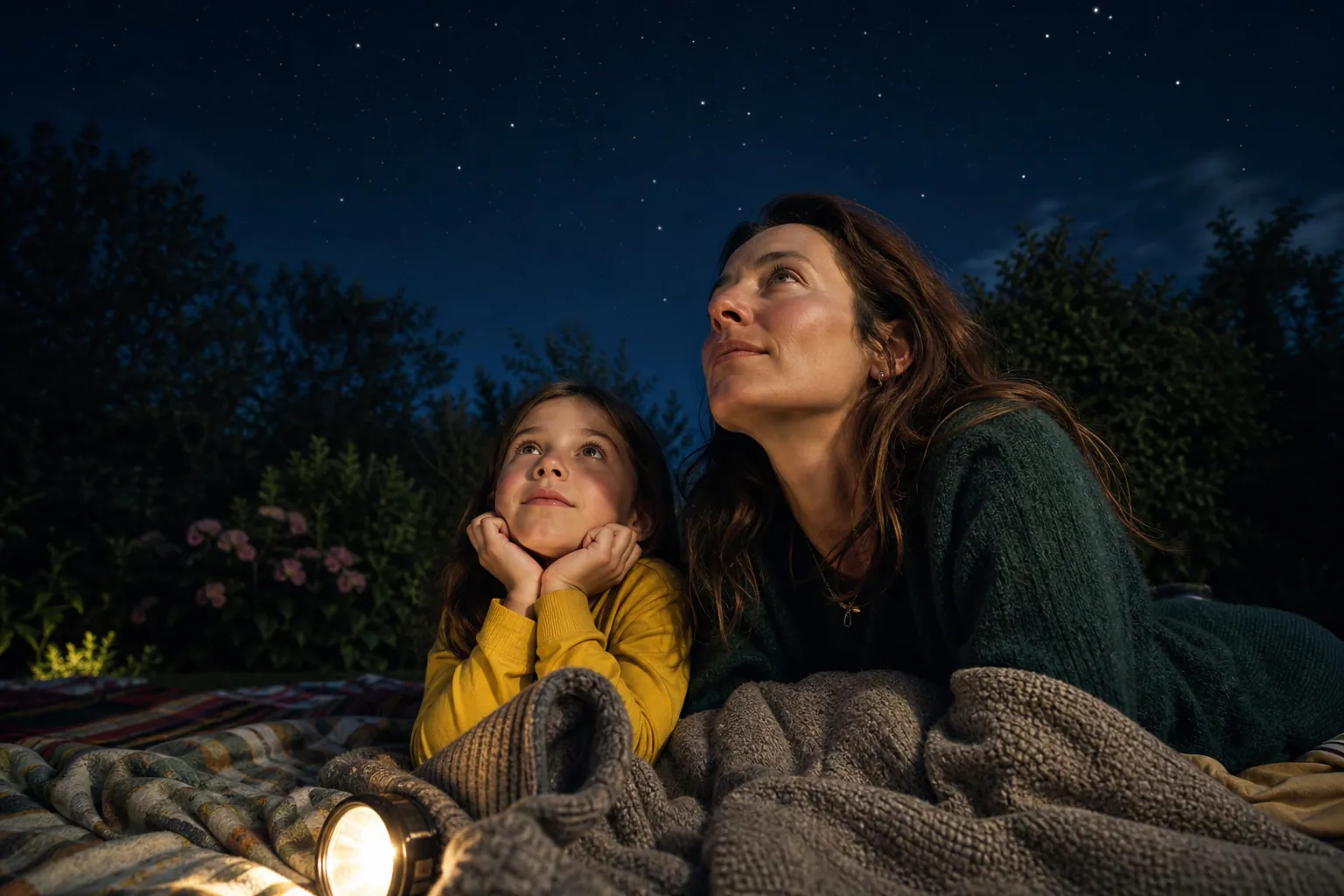 Un parent et son enfant allongés sur une couverture observent le ciel étoilé la nuit.