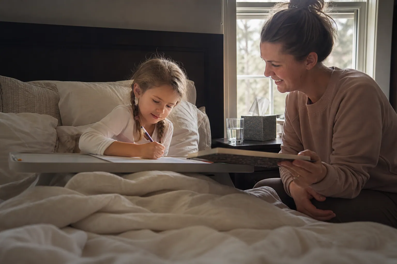 Un enfant malade allongé dans son lit dessine sur un plateau, réconforté par un parent