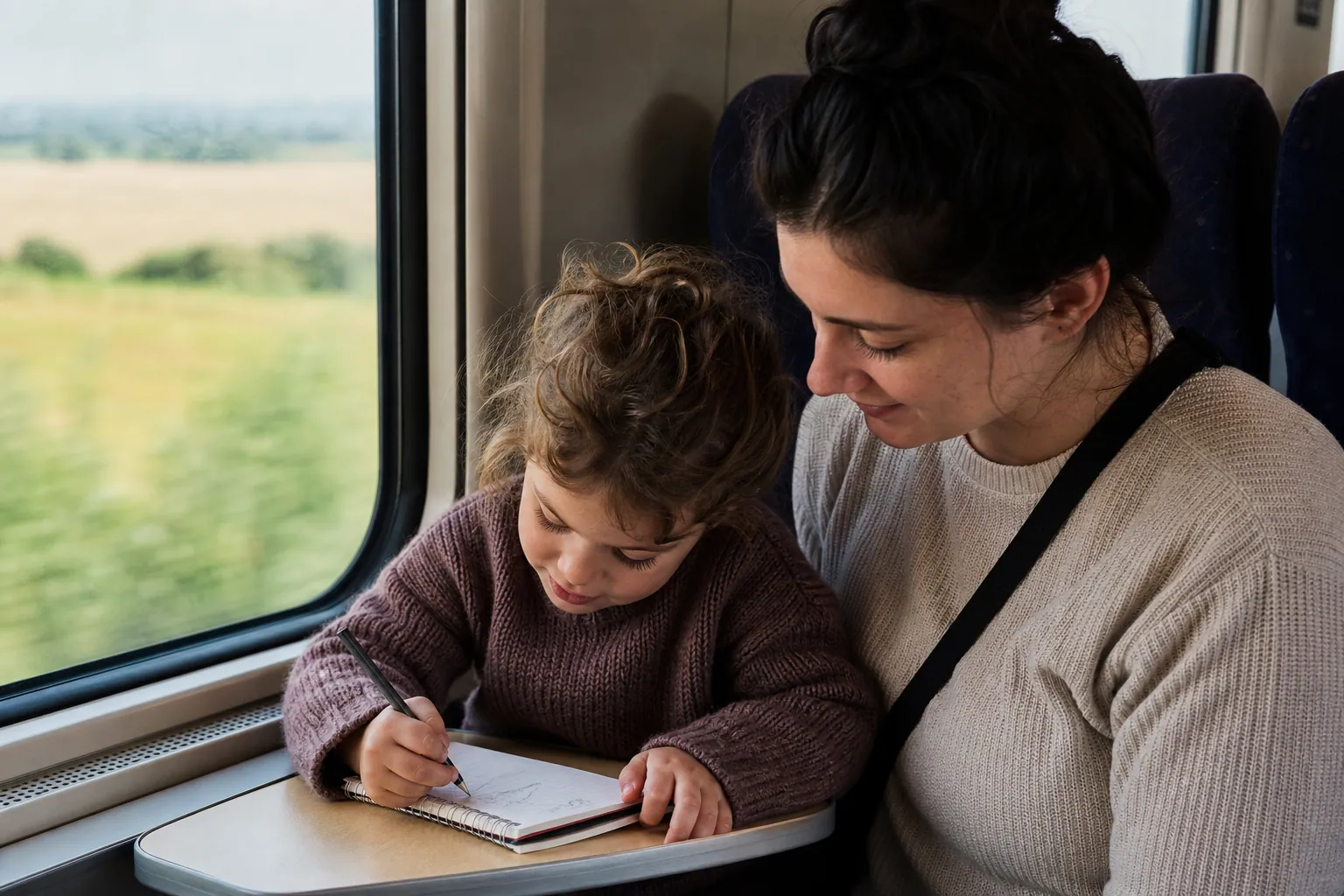 Enfant qui dessine sur la tablette d’un train, assis côté fenêtre pendant le trajet.
