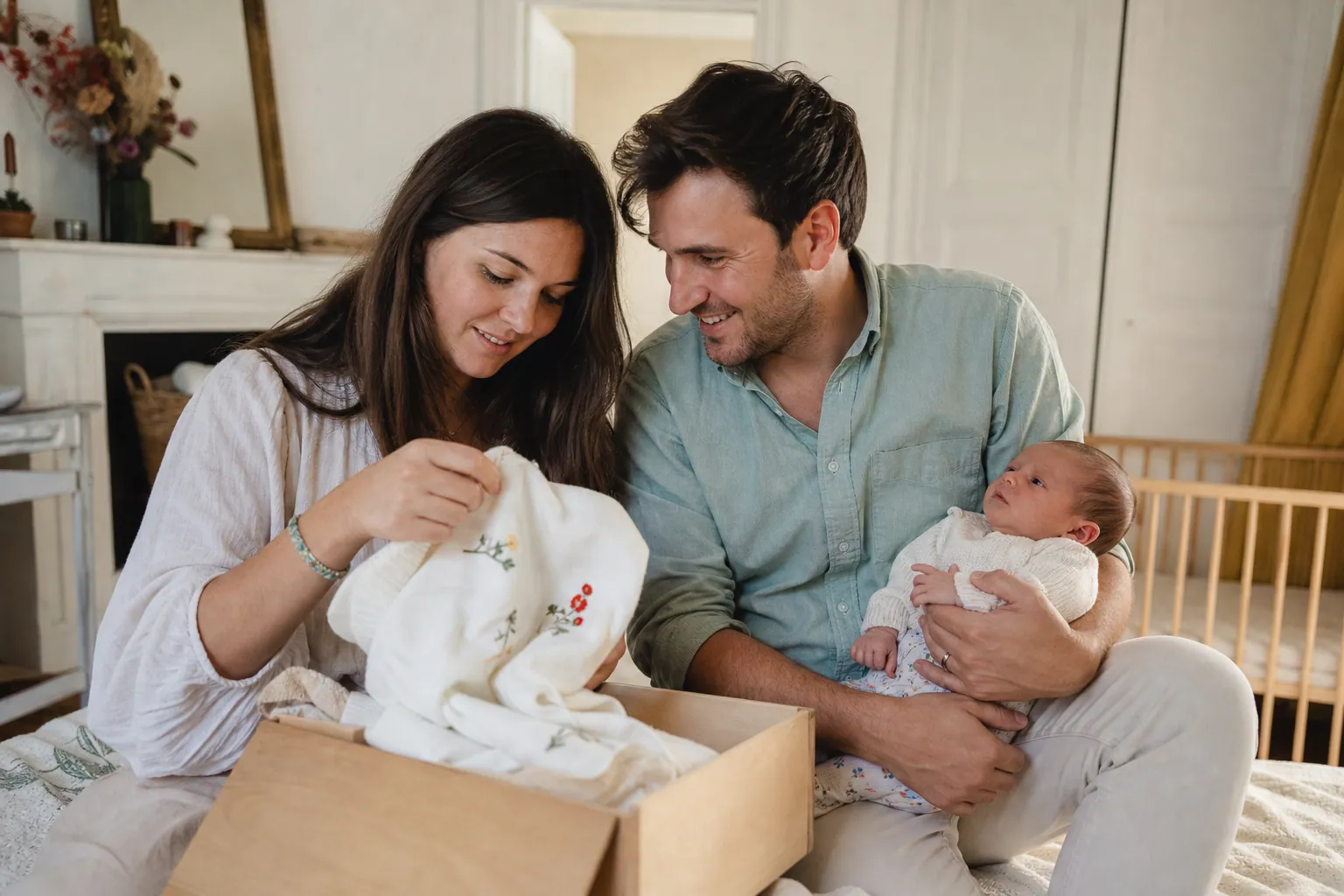 Des parents français ouvrent un cadeau personnalisé pour bébé dans une chambre douce et lumineuse.