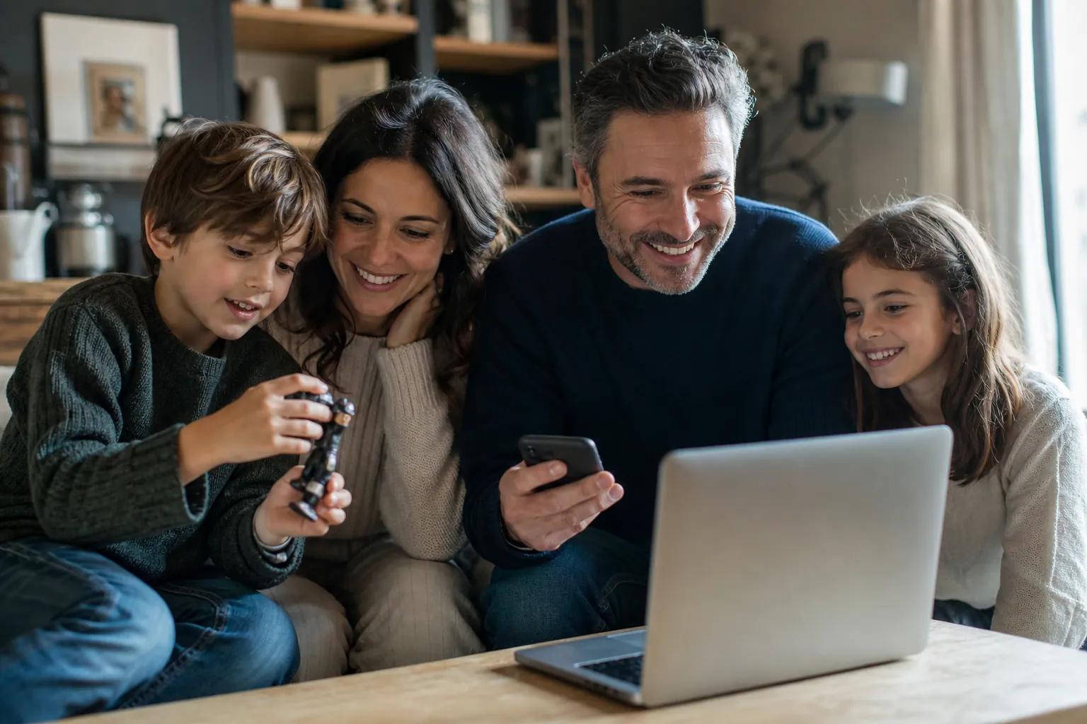 Une famille française consulte une plateforme de bonnes affaires sur ordinateur portable.