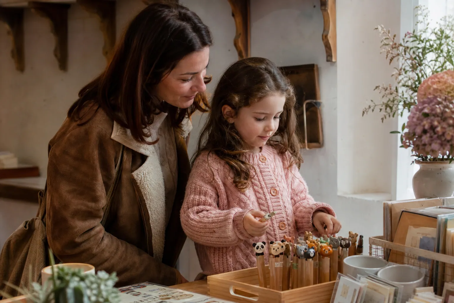 Parent et enfant choisissant des stylos en bois à tête d’animal sur une table
