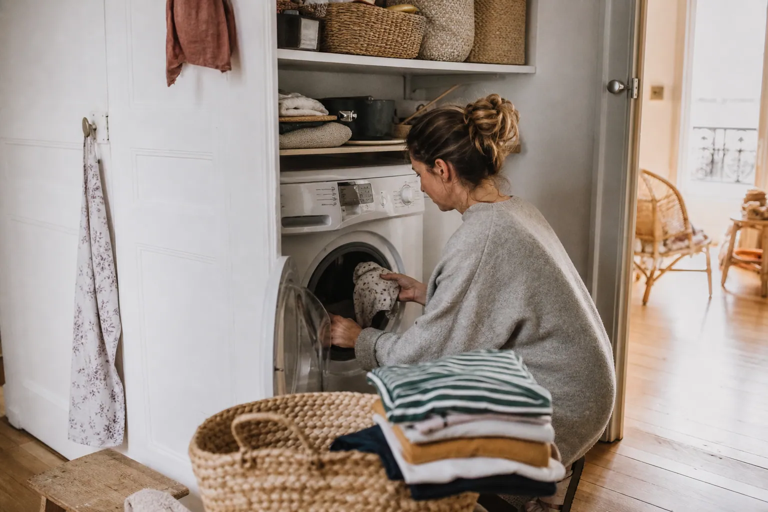 Parent rangeant le linge près d’une machine à laver intégrée dans un petit espace domestique
