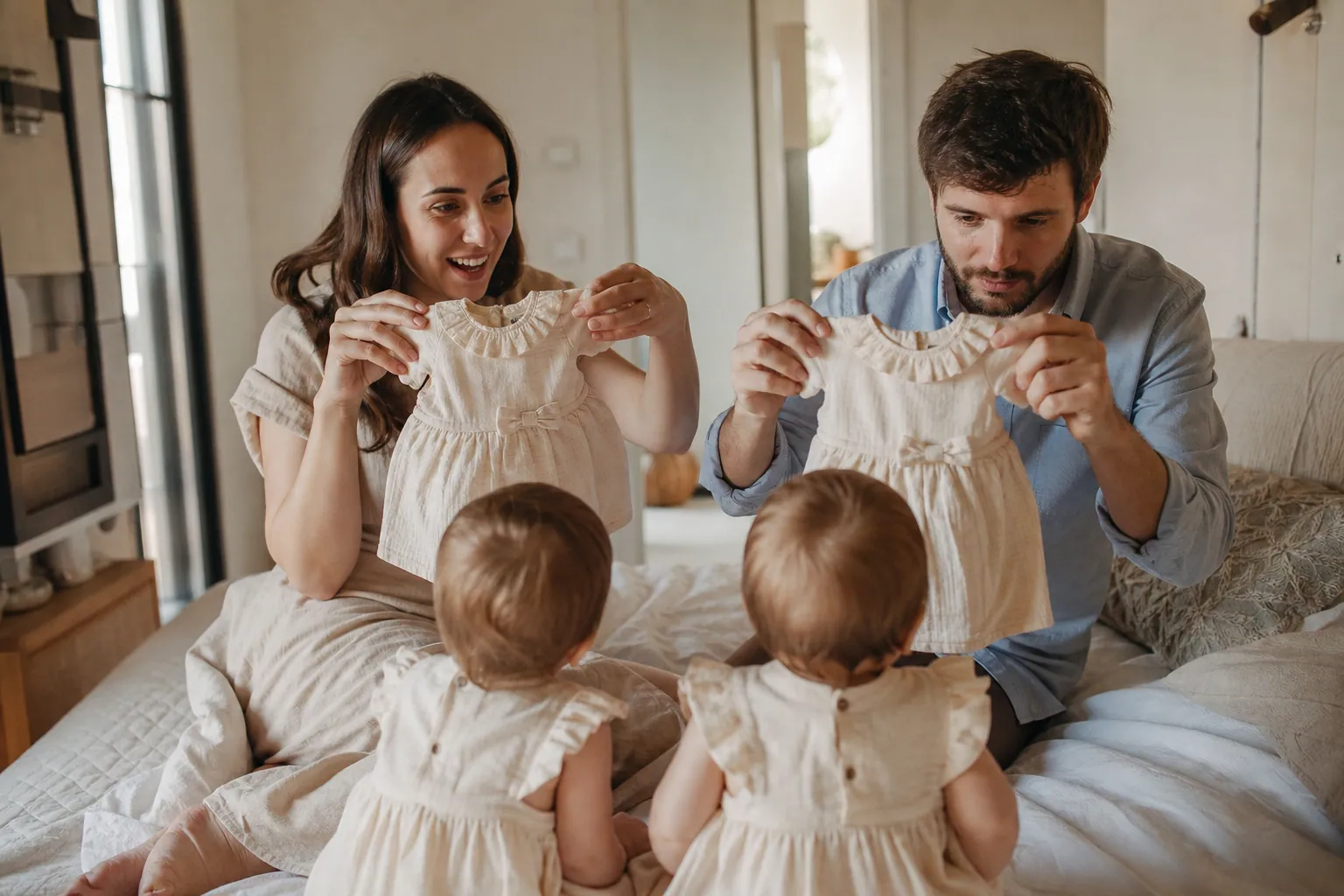 Parents préparant deux tenues coordonnées pour des jumeaux dans une chambre lumineuse.