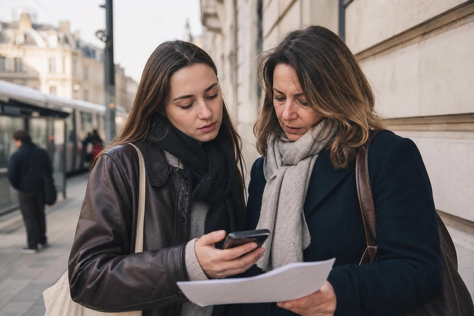 Étudiant et parent visitant un appartement à louer dans une rue de Reims.