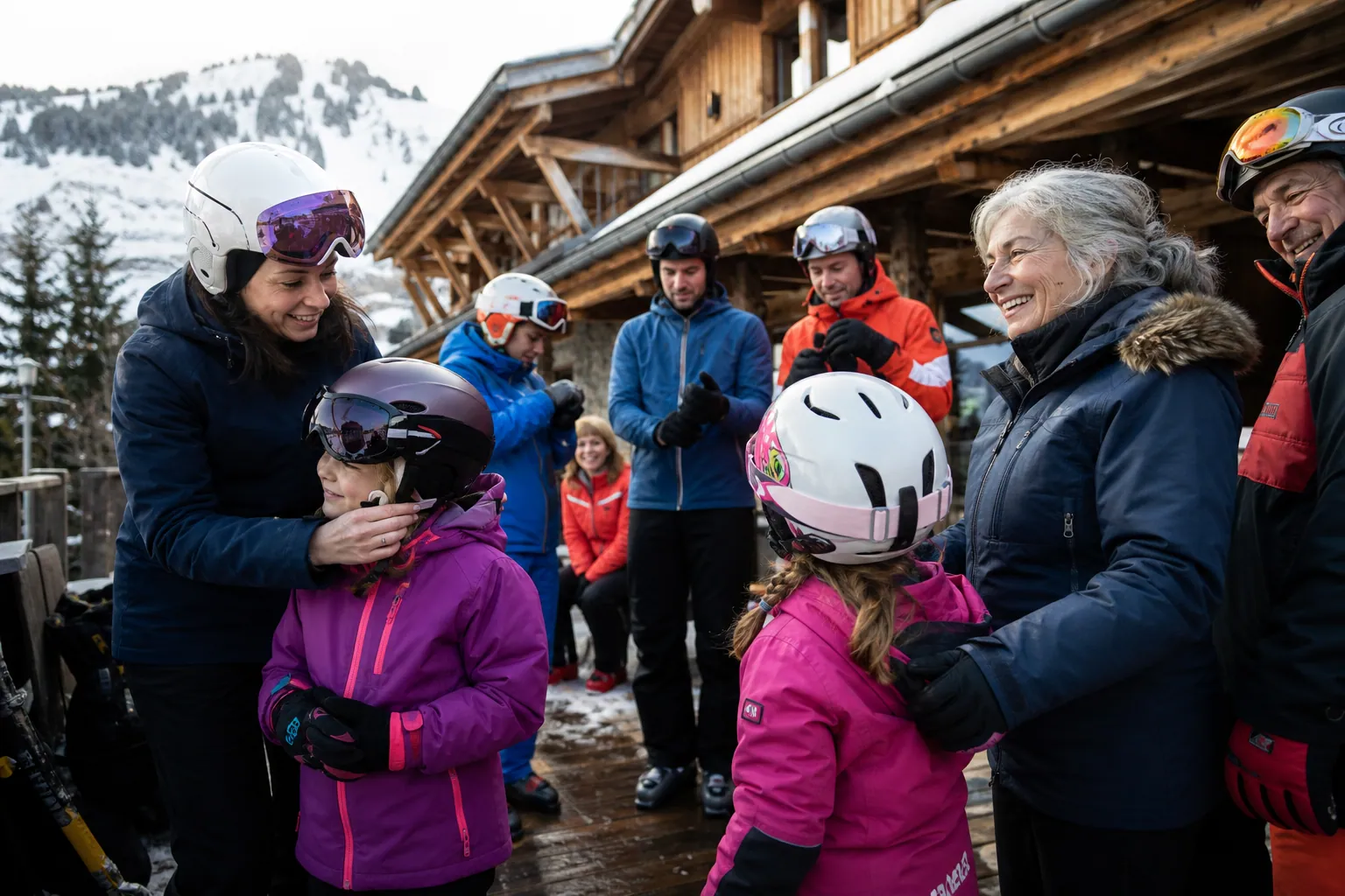 Grande famille préparant son départ au ski devant un chalet enneigé