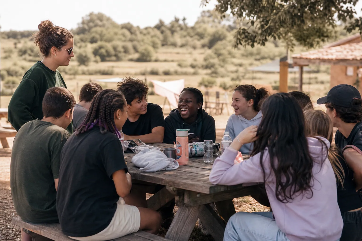 Ados de nationalités différentes en colo, riant ensemble autour d’une table en plein air.