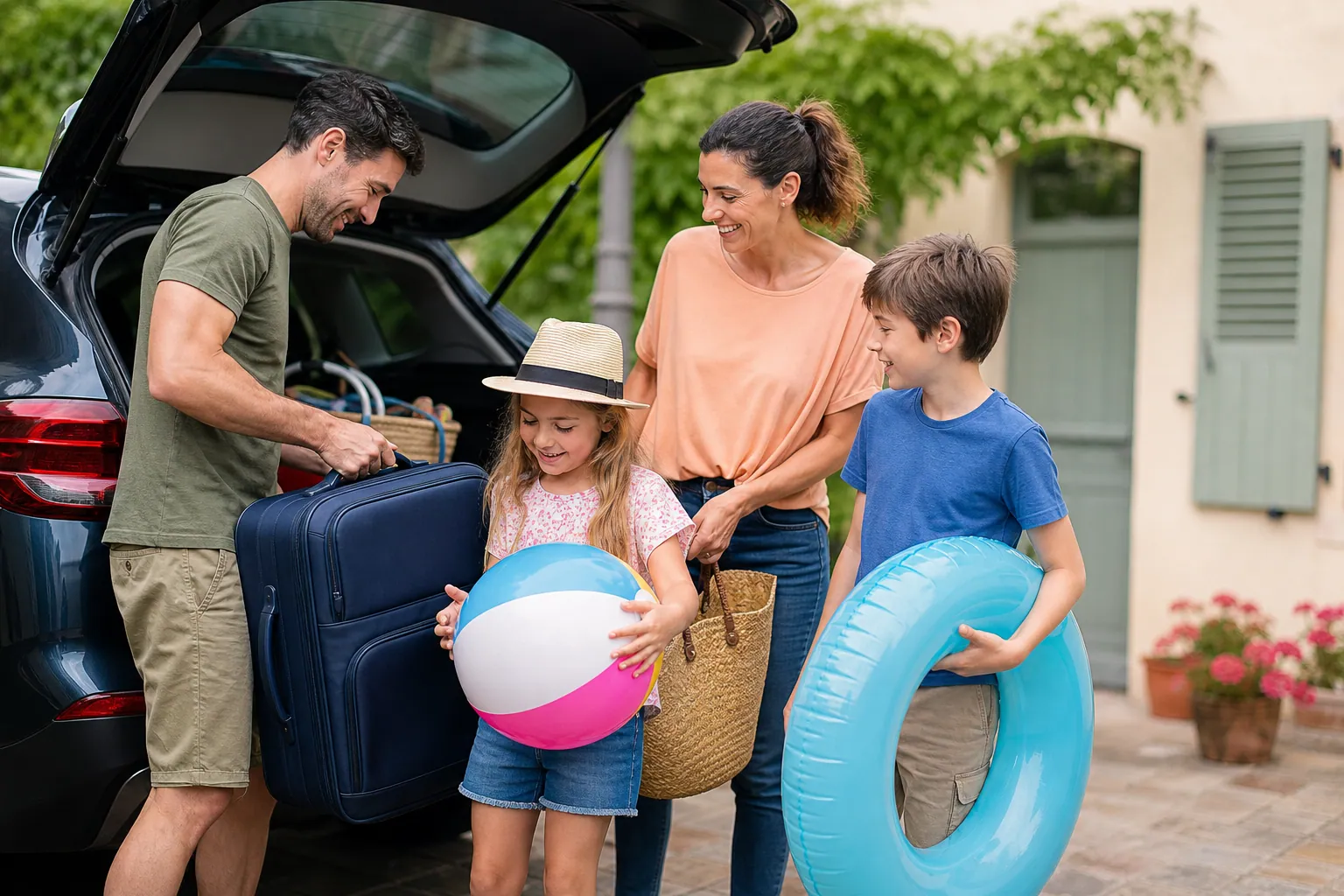 Famille française préparant la voiture avant le départ en vacances